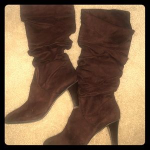 Brown suede calf length tall boot